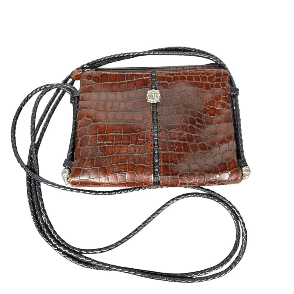 VTG Brighton Organizer‎ Crossbody Bag Brown Croc Embossed Braided Strap Silver